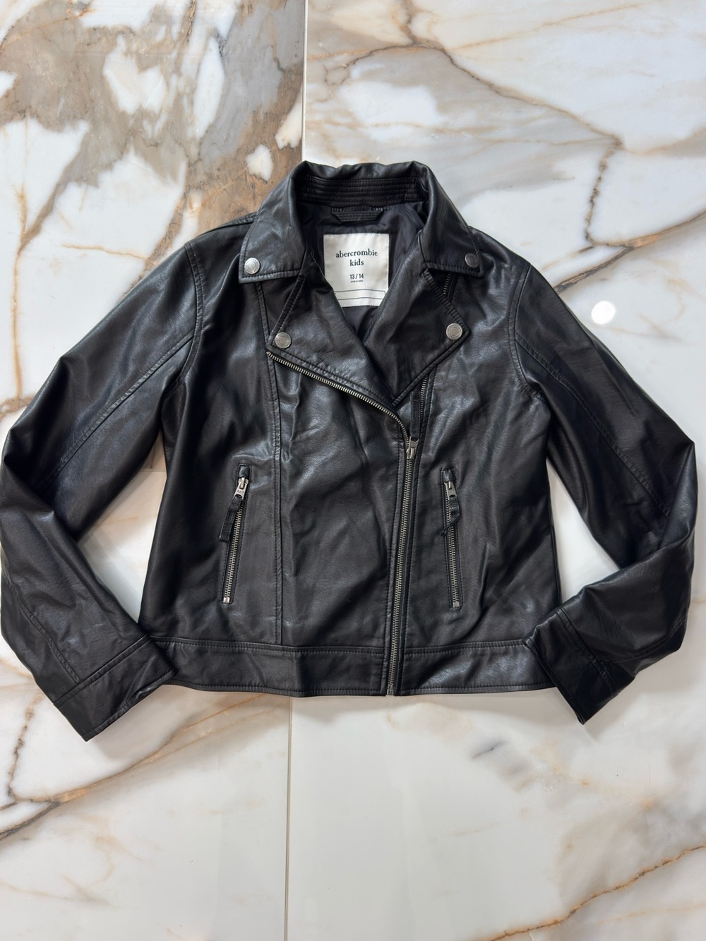Abercrombie Kids Black Faux Leather Moto Jacket with Zip Pockets Girls 13/14